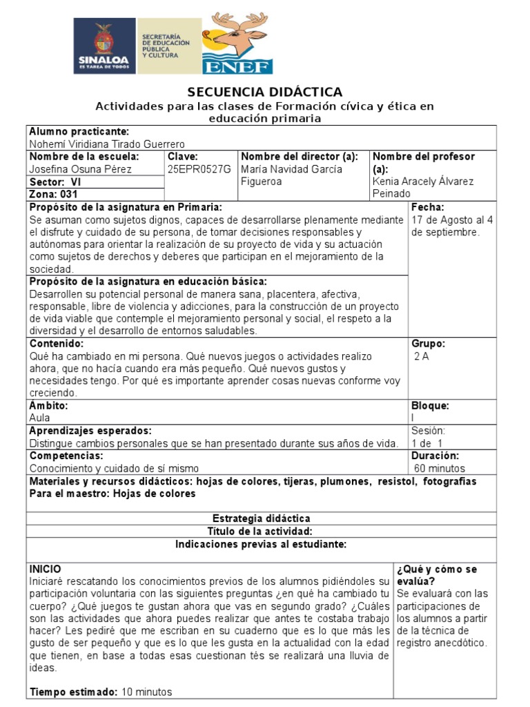 Planificacion Formacion Civica y Etica, Segundo Grado. PDF Educación primaria Cognición