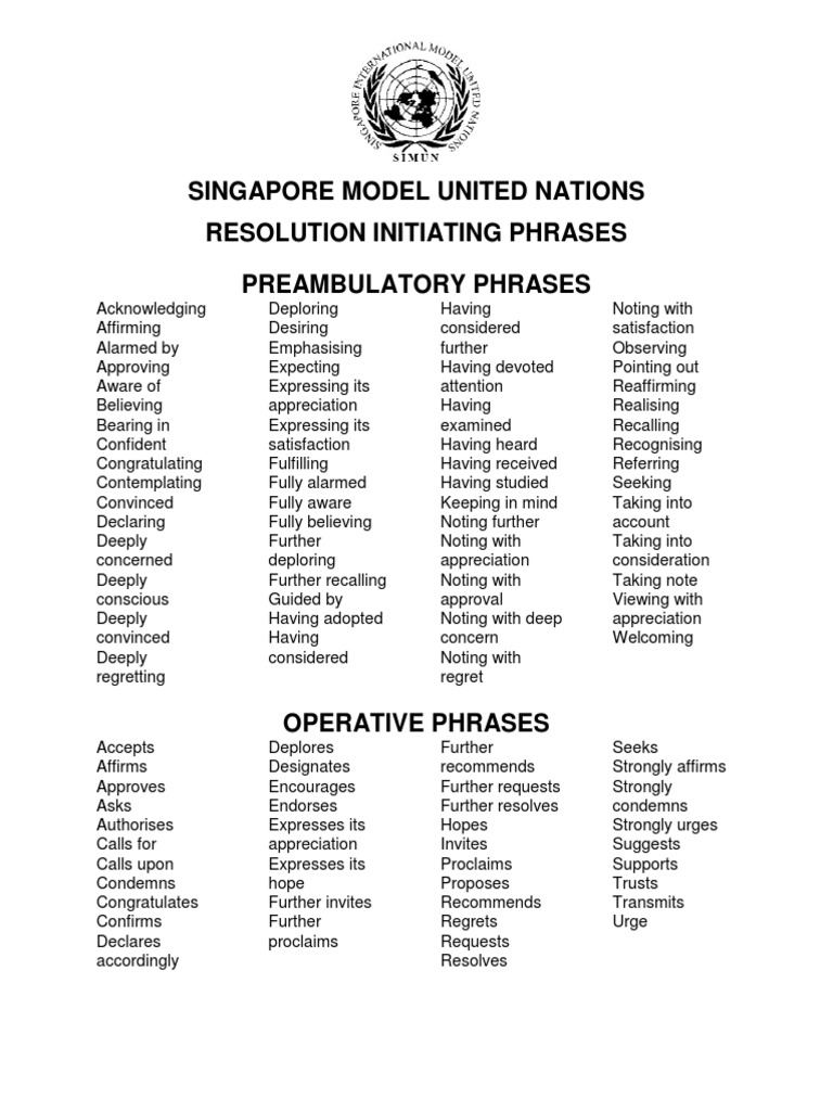 Singapore MUN Resolution Phrases Guide | PDF
