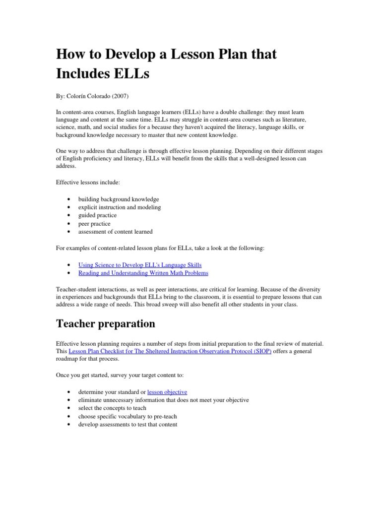 How to Develop a Lesson Plan That Includes ELLs | Reading Comprehension ...