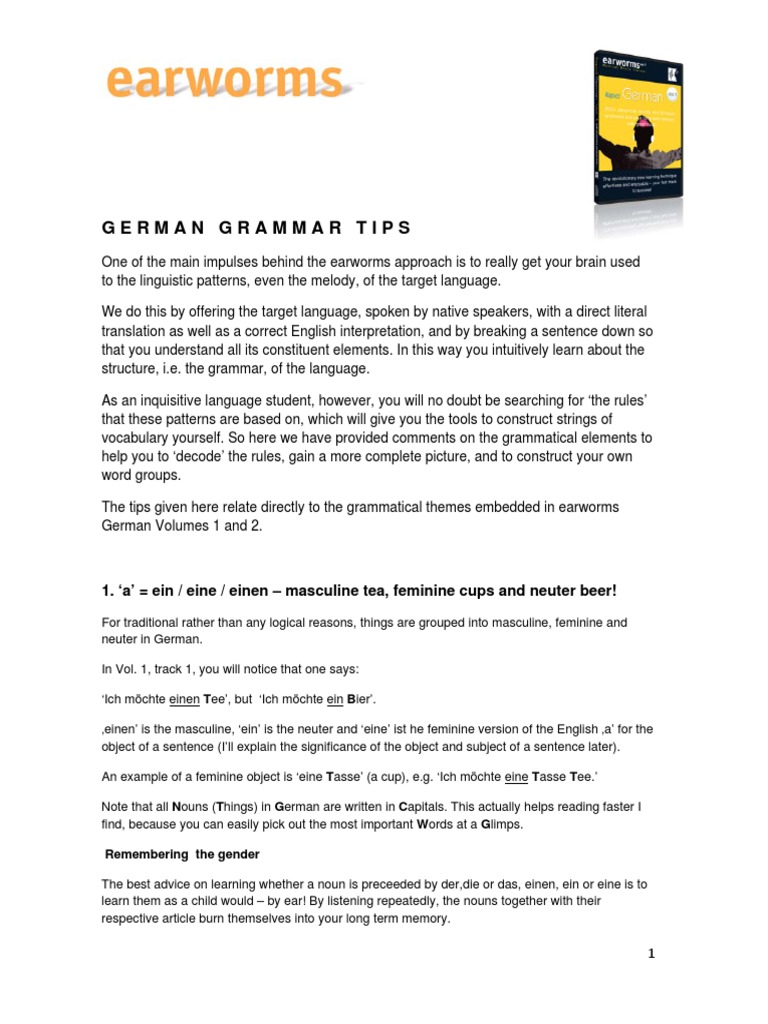 German Grammar Tips 1. A' Ein / Eine / Einen Masculine Tea, Feminine