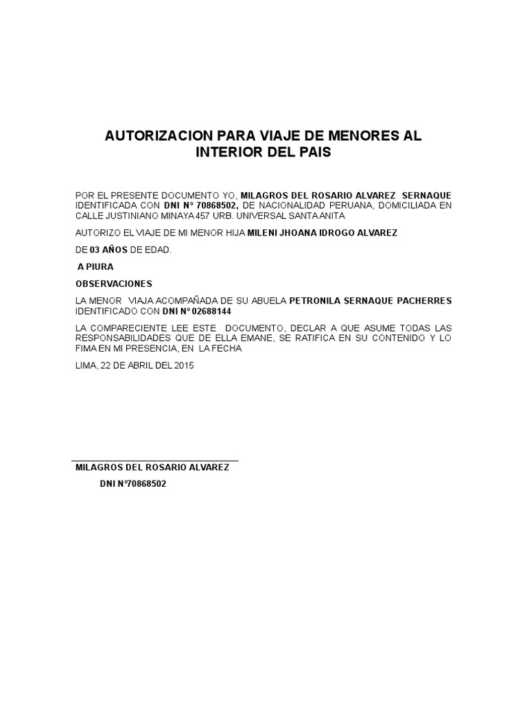Autorizacion para Viaje de Menores Al Interior Del Pais 1 PDF