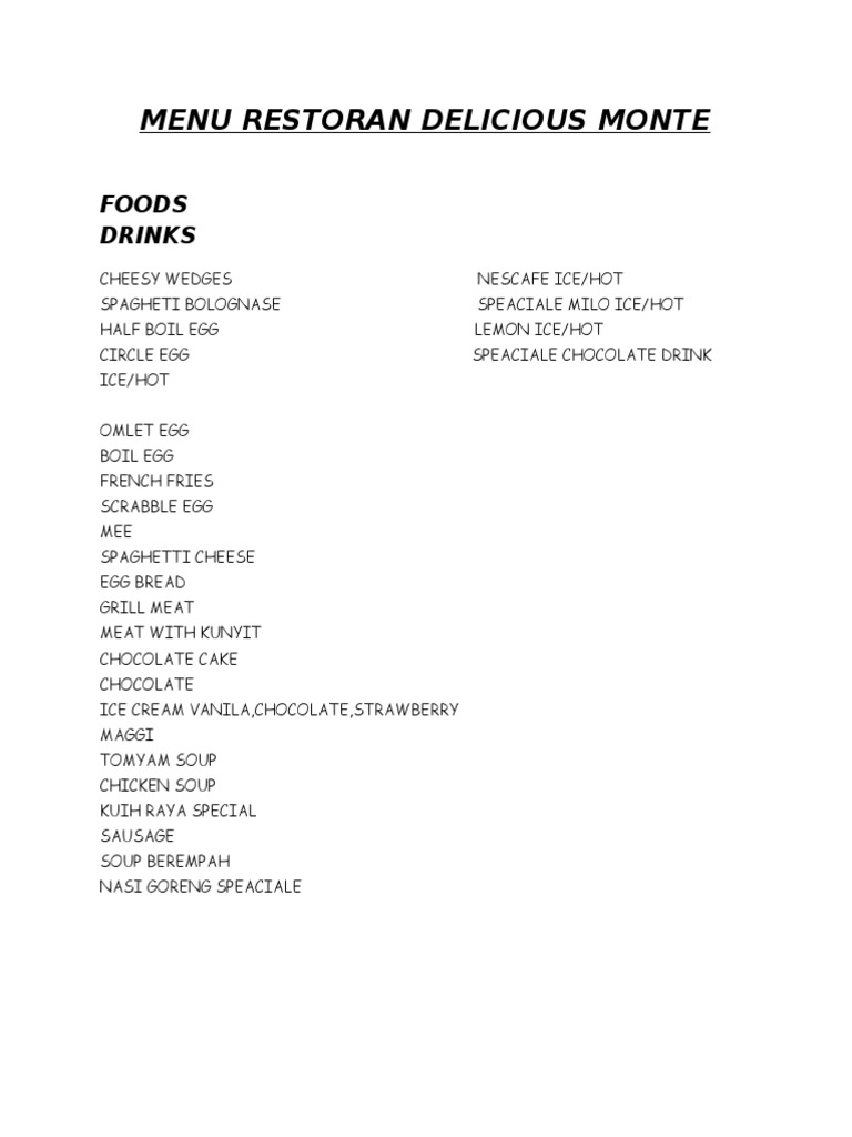Delicious Monte Restaurant Menu | PDF