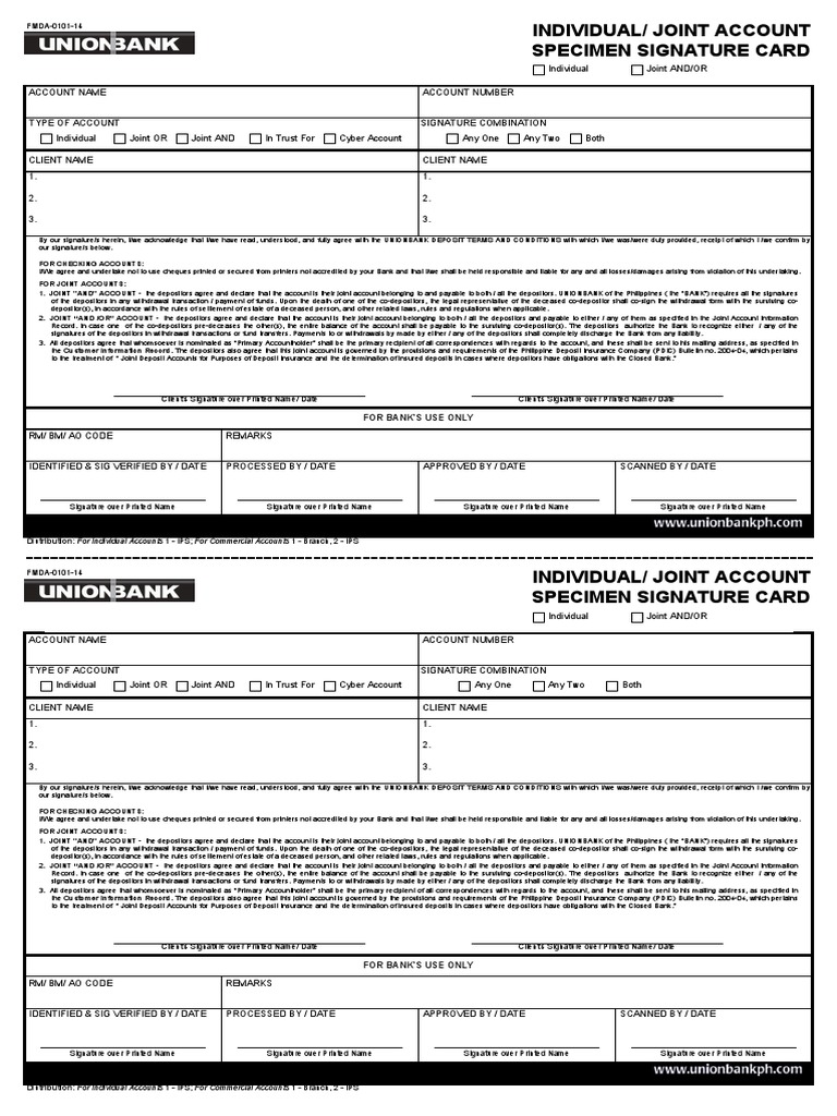 UnionBank Specimen Signature Card | PDF | Deposit Account | Deposit ...