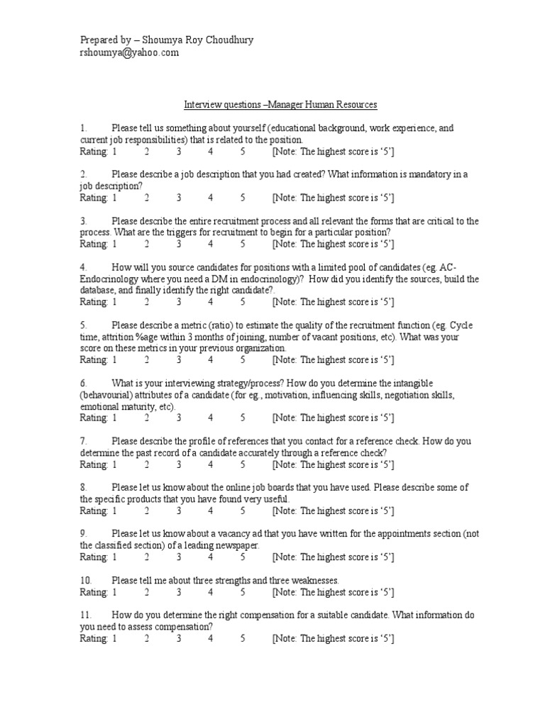 Standard Interview Questions For A Human Resources Professional | PDF ...