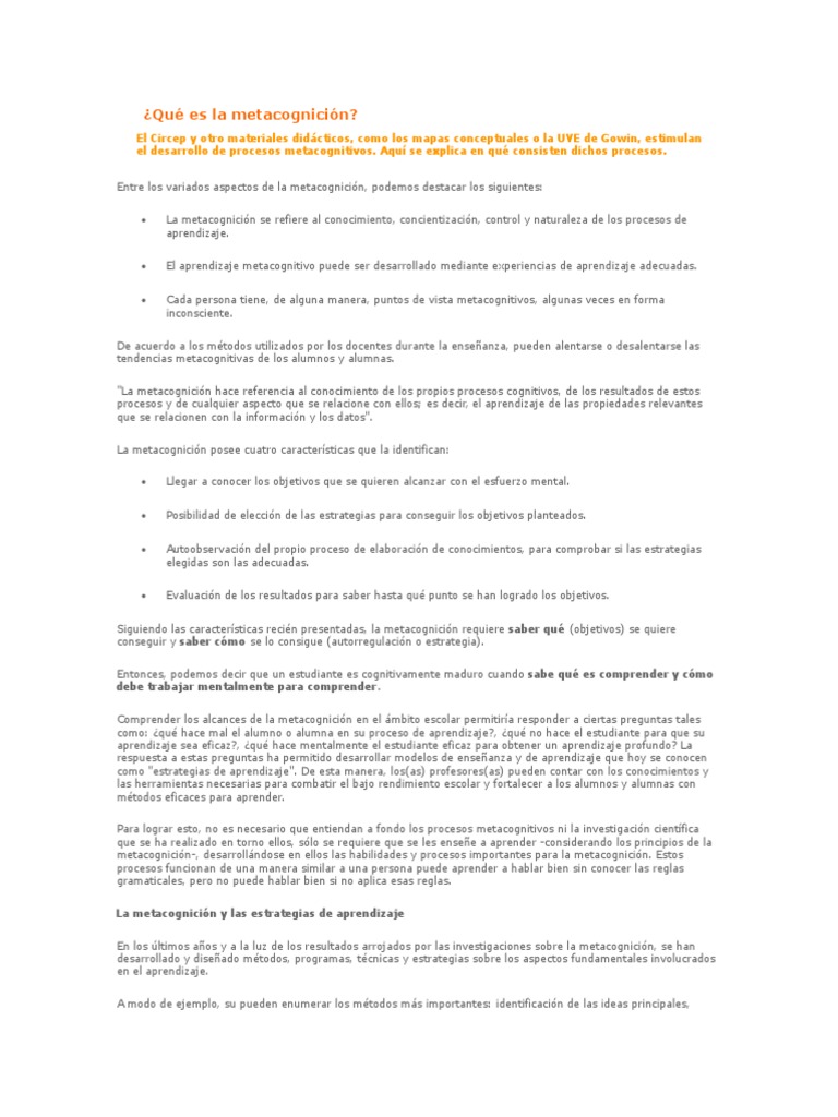 Metacognición en el Aprendizaje Escolar | PDF | Teoria de la mente ...