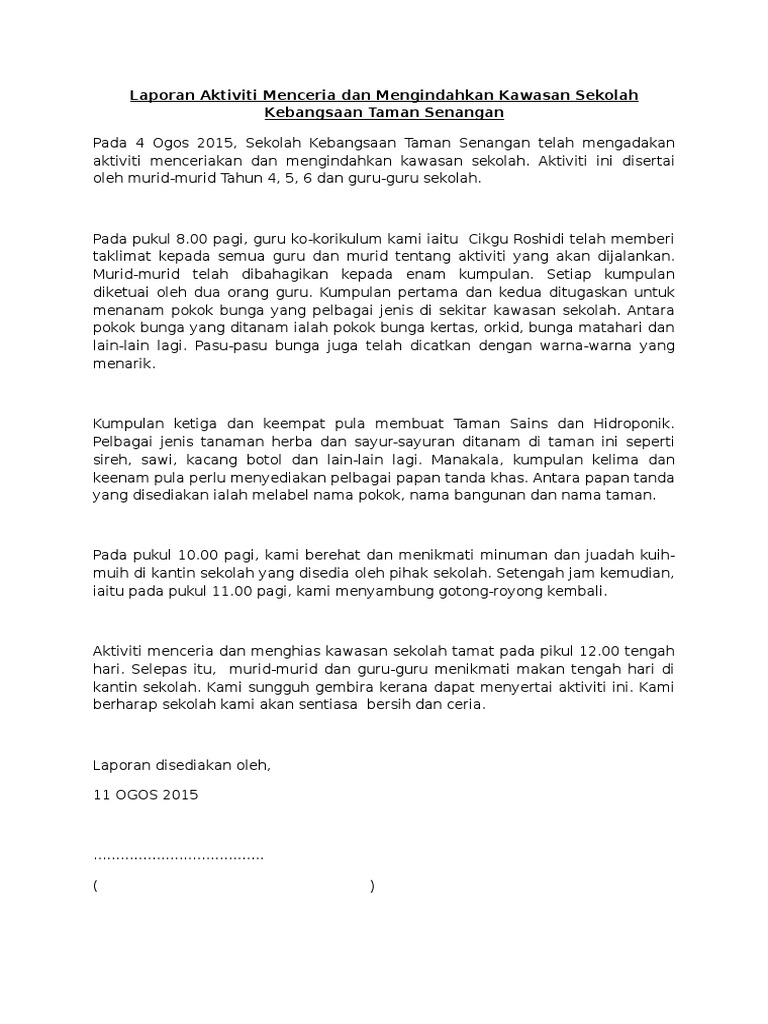 Laporan Aktiviti Menceria Dan Mengindahkan Kawasan Sekolah Kebangsaan Taman Senangan Shidi Pdf