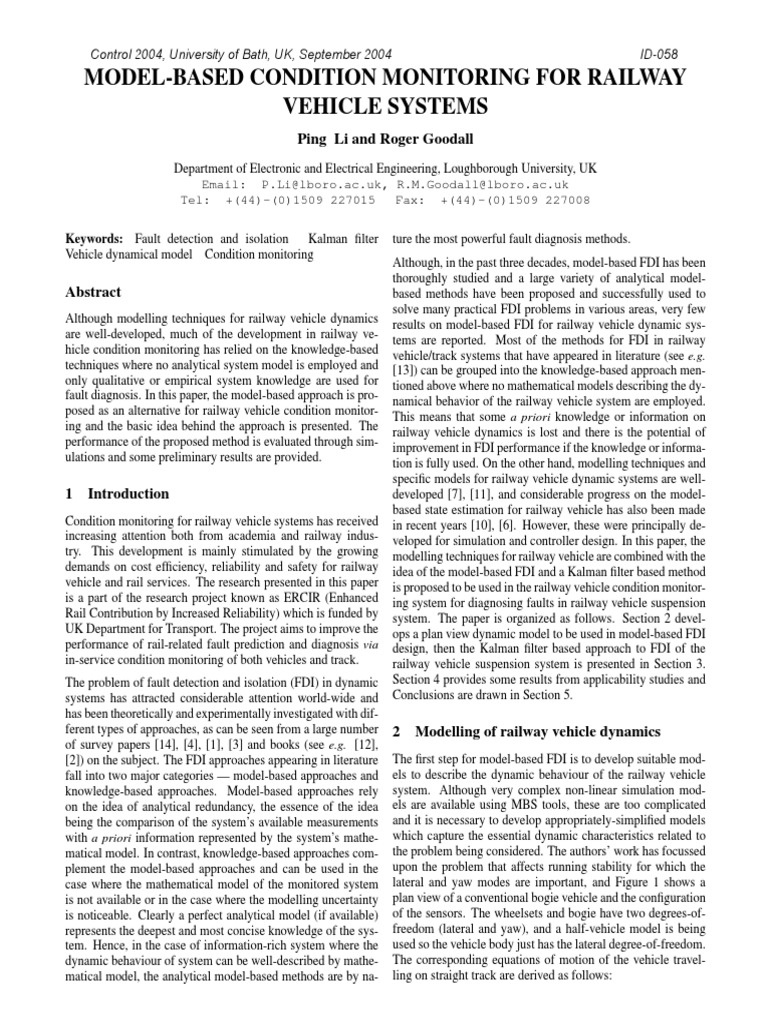 ModelBased Condition Monitoring For Railway Vehicle Systems PDF