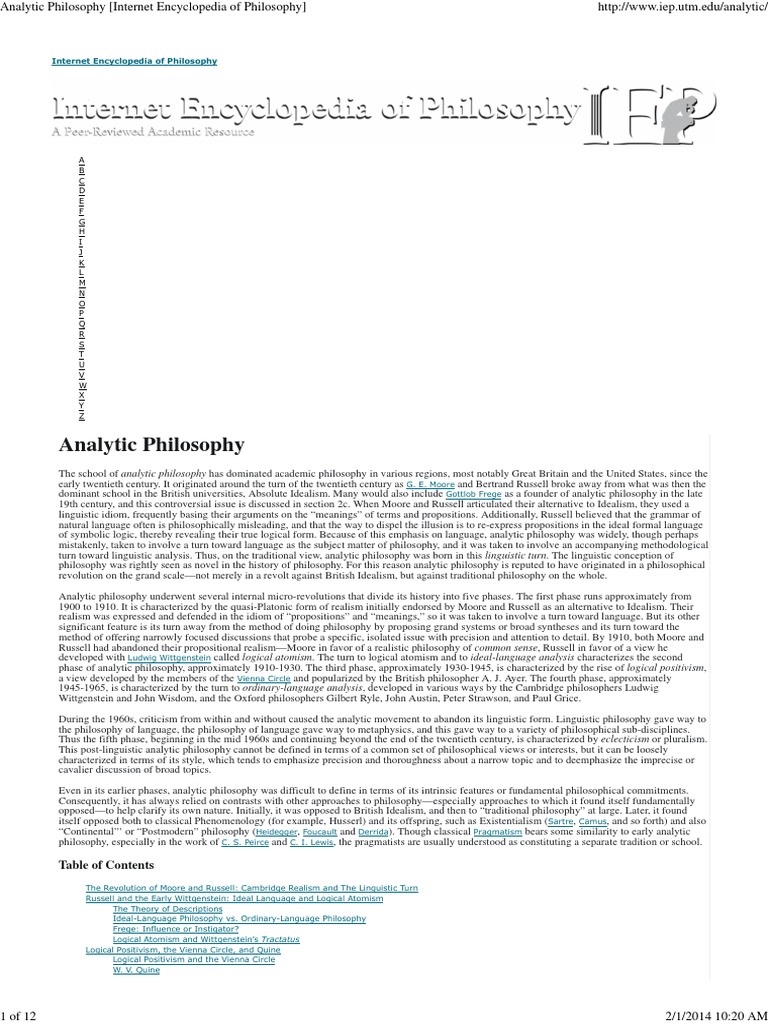 Analytic Philosophy Encyclopedia of Philosophy] Analytic Philosophy Positivism