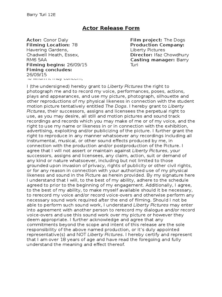 Actor Release Form Conor | PDF | Government | Justice