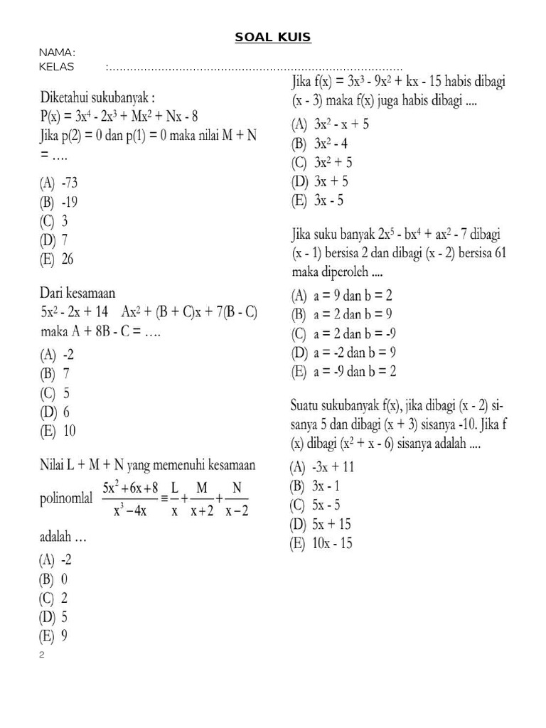 Contoh Soal Kuis Untuk Persiapan Mid Semester Ganjil Kelas 11 Matematika Peminatan