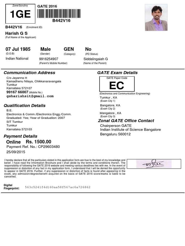 GATE 2016 Application Details | PDF
