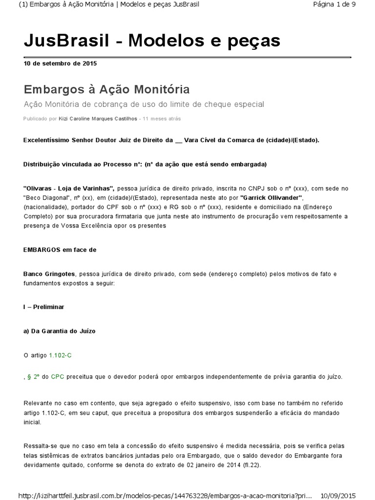 Embargos À Ação Monitória - MODELO | PDF | Juros compostos | Justiça