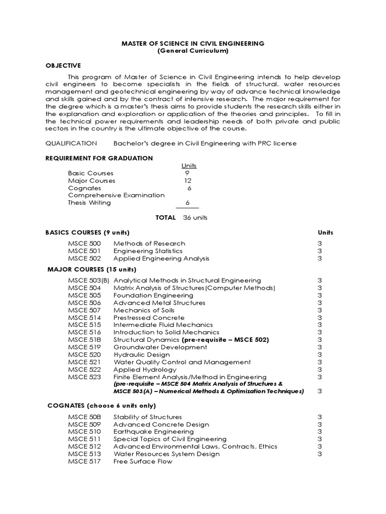 MS in Civil Engineering Curriculum Overview | PDF | Master Of Science ...