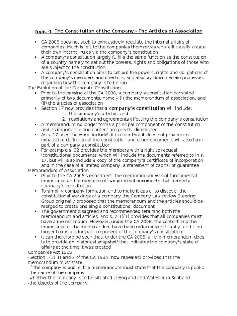 Company Law The Constitution of The Company, Article of Association