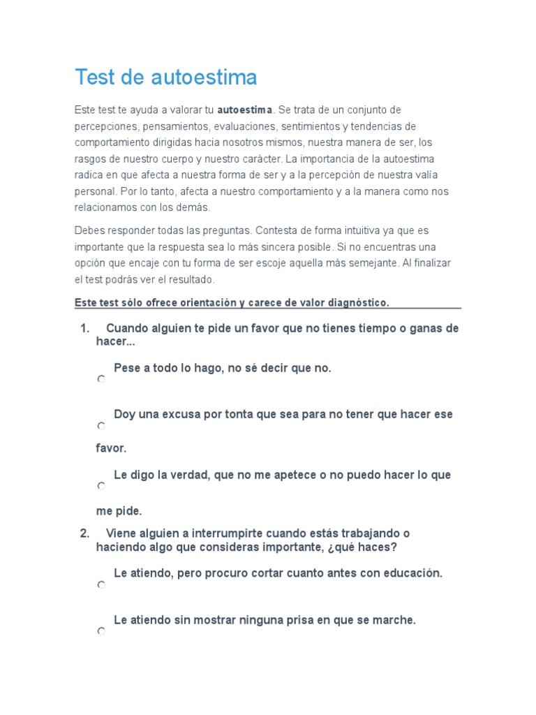 Test para Evaluar tu Autoestima | PDF | Autoestima | Toma de decisiones