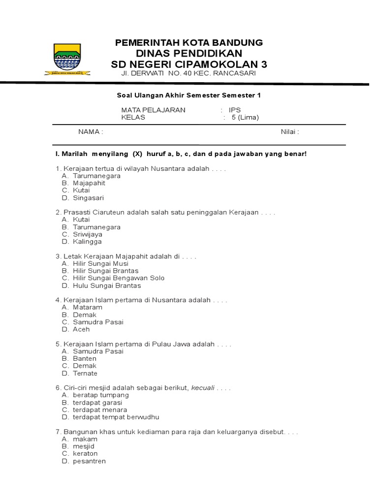 Soal Uas IPS Kelas 5 Semester 1