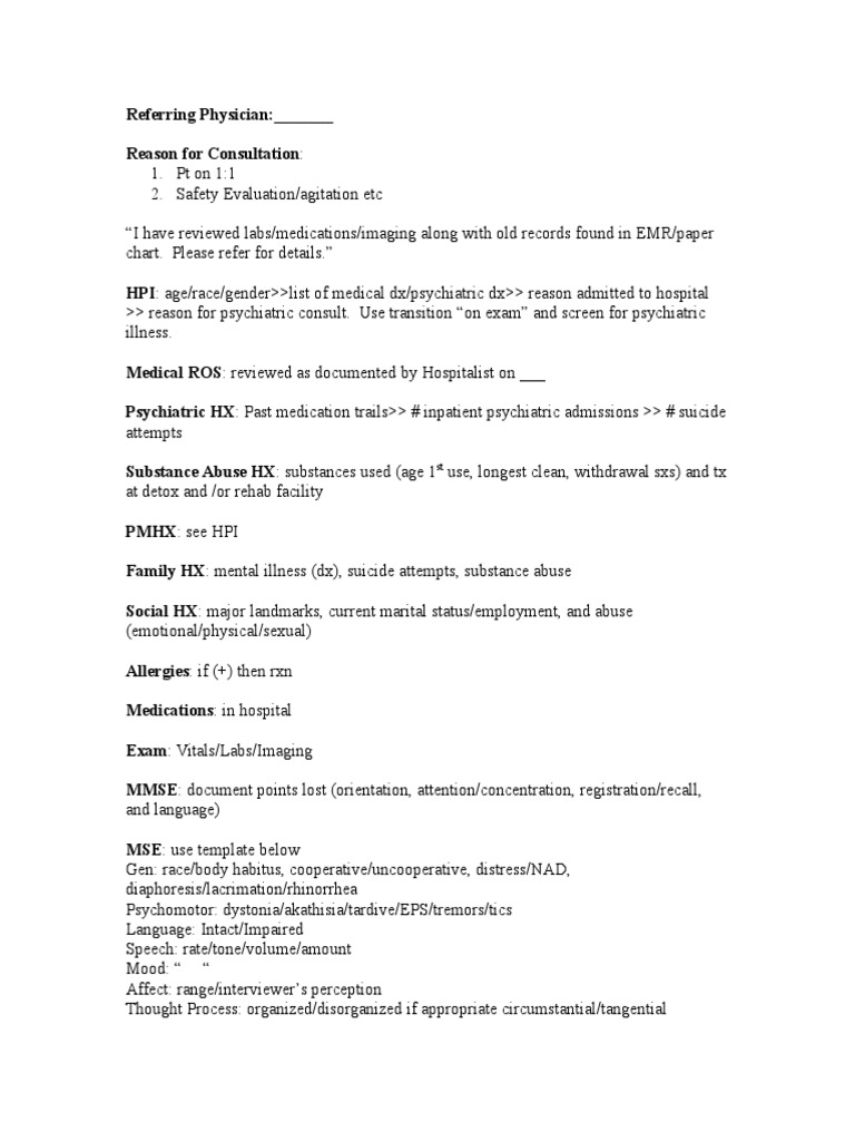 Initial Consult Note Template  PDF  Psychiatry  Substance Abuse Within Consult Note Template