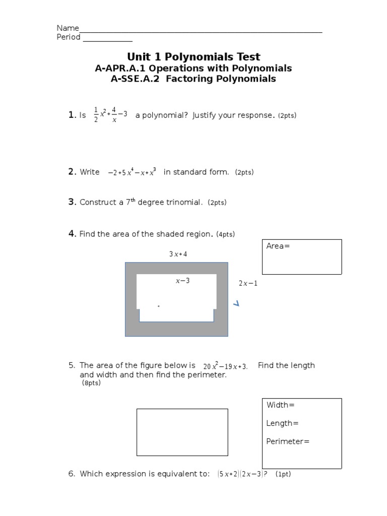 Polynomials Test Unit 1 | PDF | Teaching Methods & Materials | Science ...