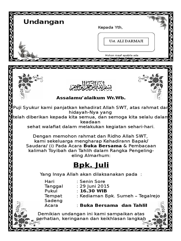 Contoh Surat Undangan Tahlil 40 100 1000 Hari Haul