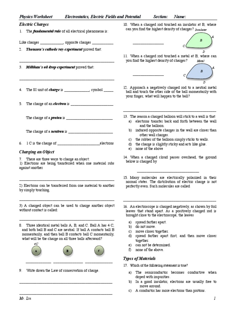 Physics Worksheet Electrostatics Electric Fields and Potential | PDF |  Electric Charge | Electrostatics