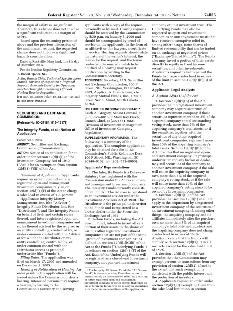 Notice Investment Company Act of 1940 Integrity Funds et al