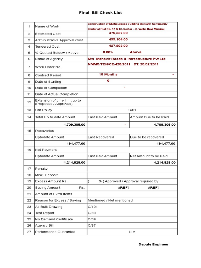 Final Bill Summary for Construction Project | PDF | Income Tax In India ...