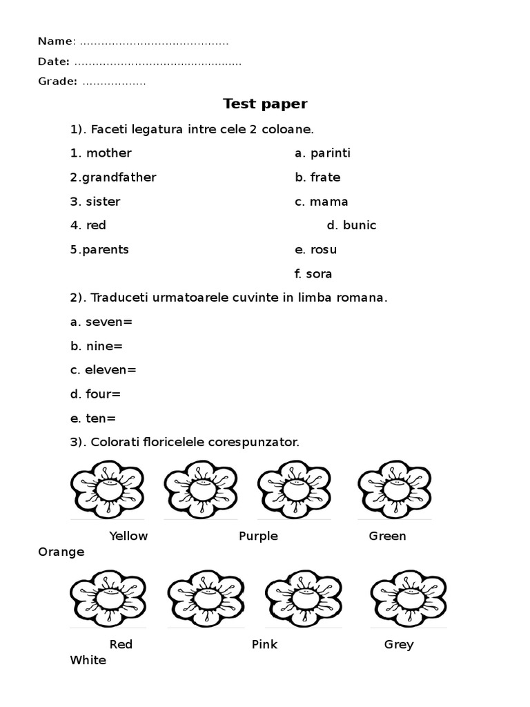 English-Romanian Language Test Paper | PDF