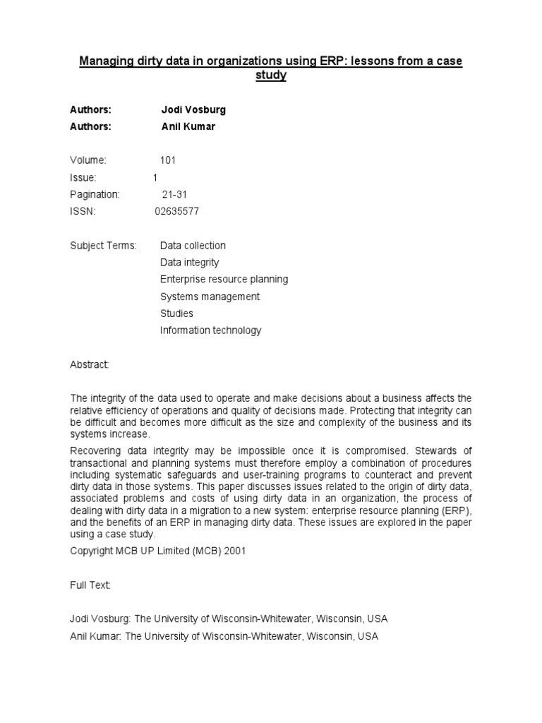 Managing Dirty Data in Organizations Using ERP: Lessons From A Case ...