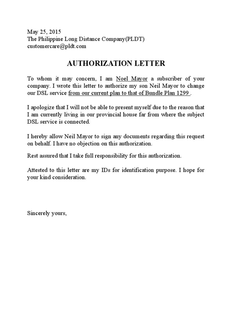 Pldt Authorization Letter Sample Pdf Telecommunications