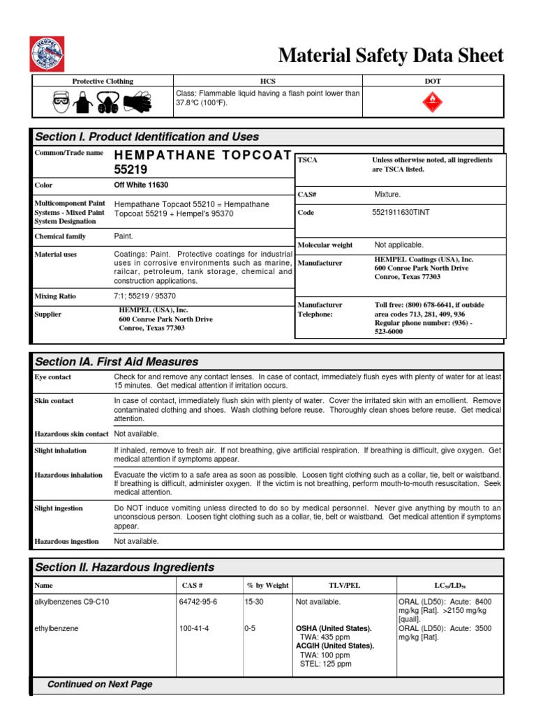 Material Safety Data Sheet Hempathane Topcoat 55219