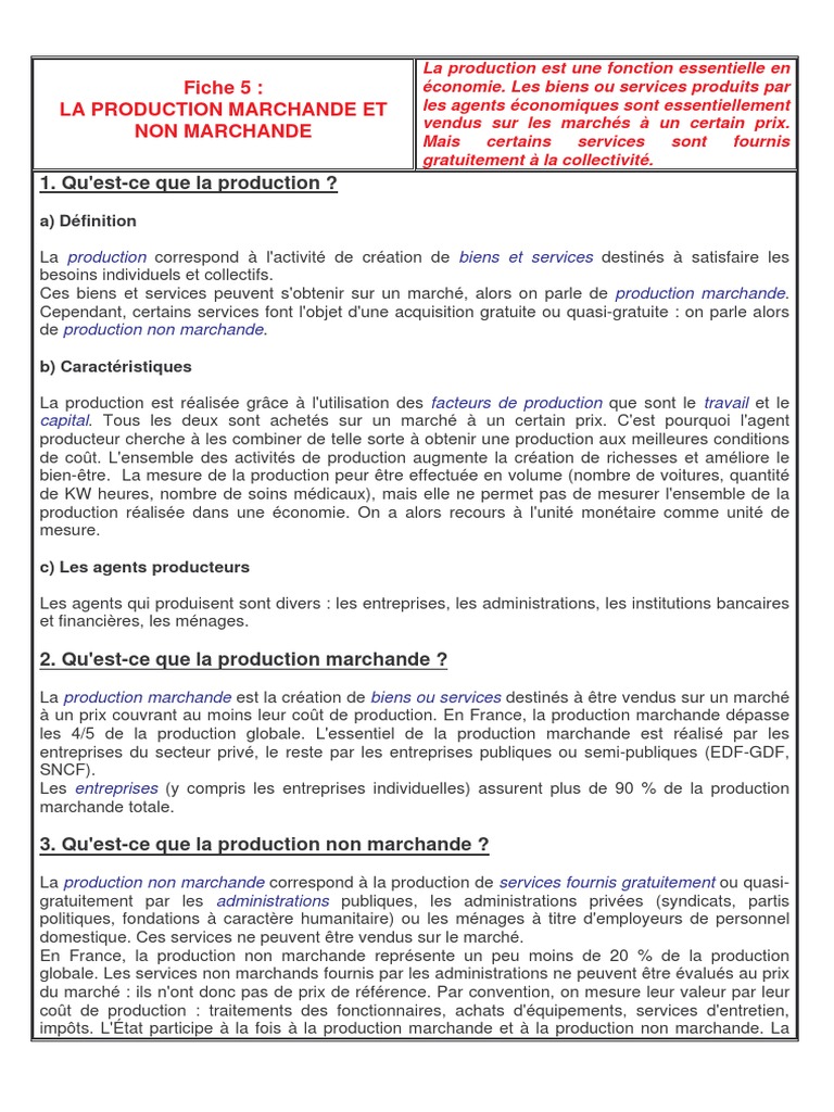 Fiches de Cours Production Marchande Et Non Marchande  Prix  Marché