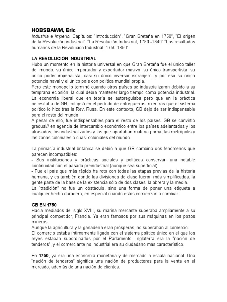 Hobsbawm, Eric Industria e Imperio. Capítulos