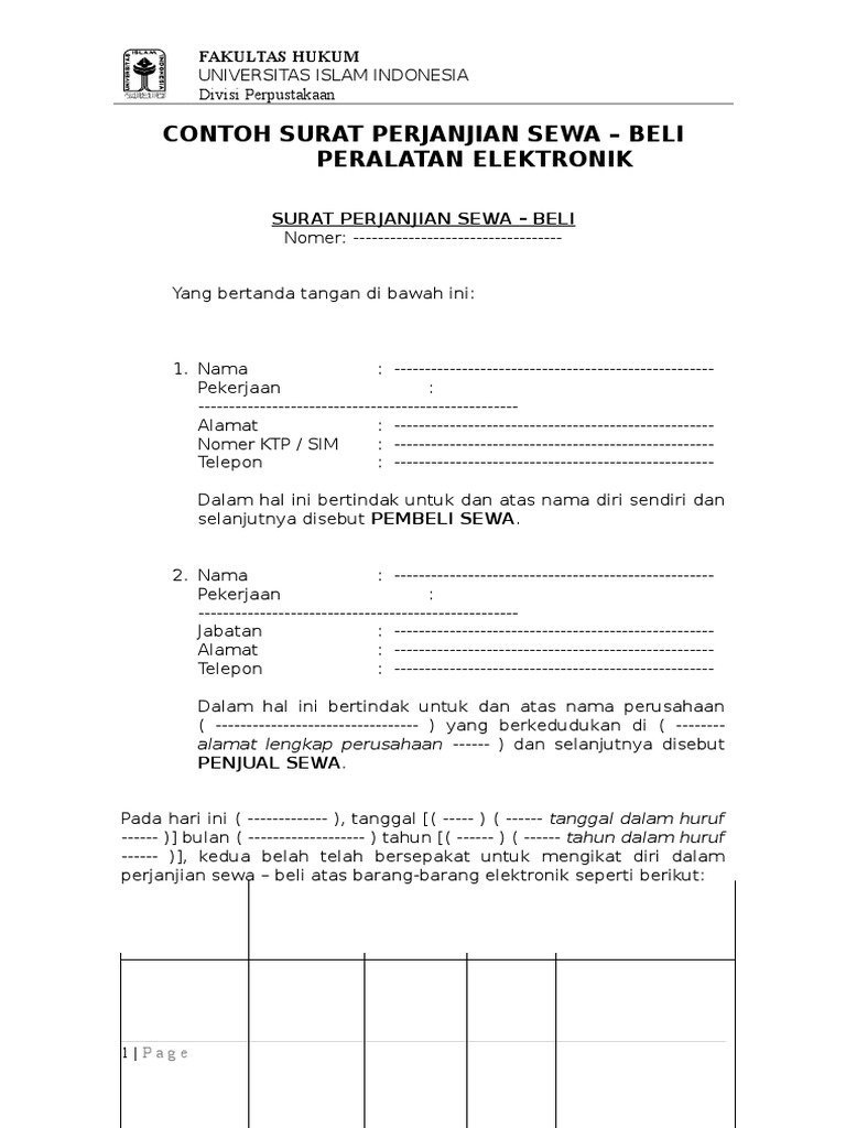 Contoh Surat Perjanjian Sewa Beli Peralatan Elektronik Fh Uii