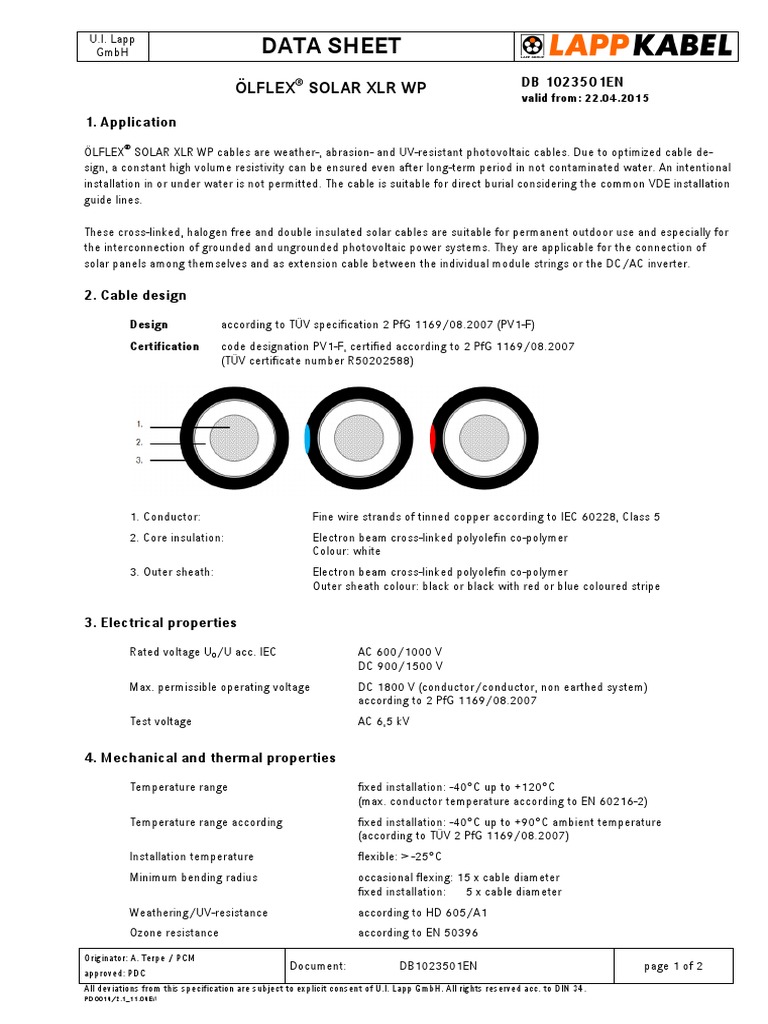 Data Sheet Olflex Solar XLR WP PDF Cable