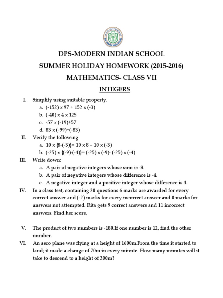 7th Math Holiday Homework 2015 16 Angle Integer