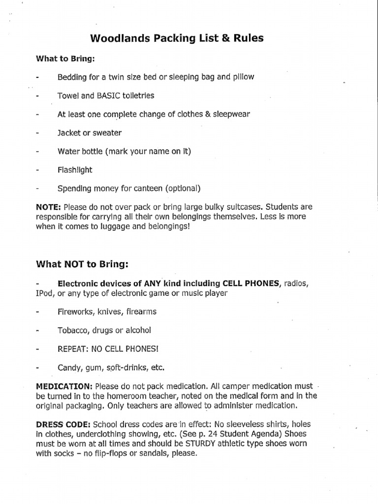 Woodlands Packing List and Rules PDF