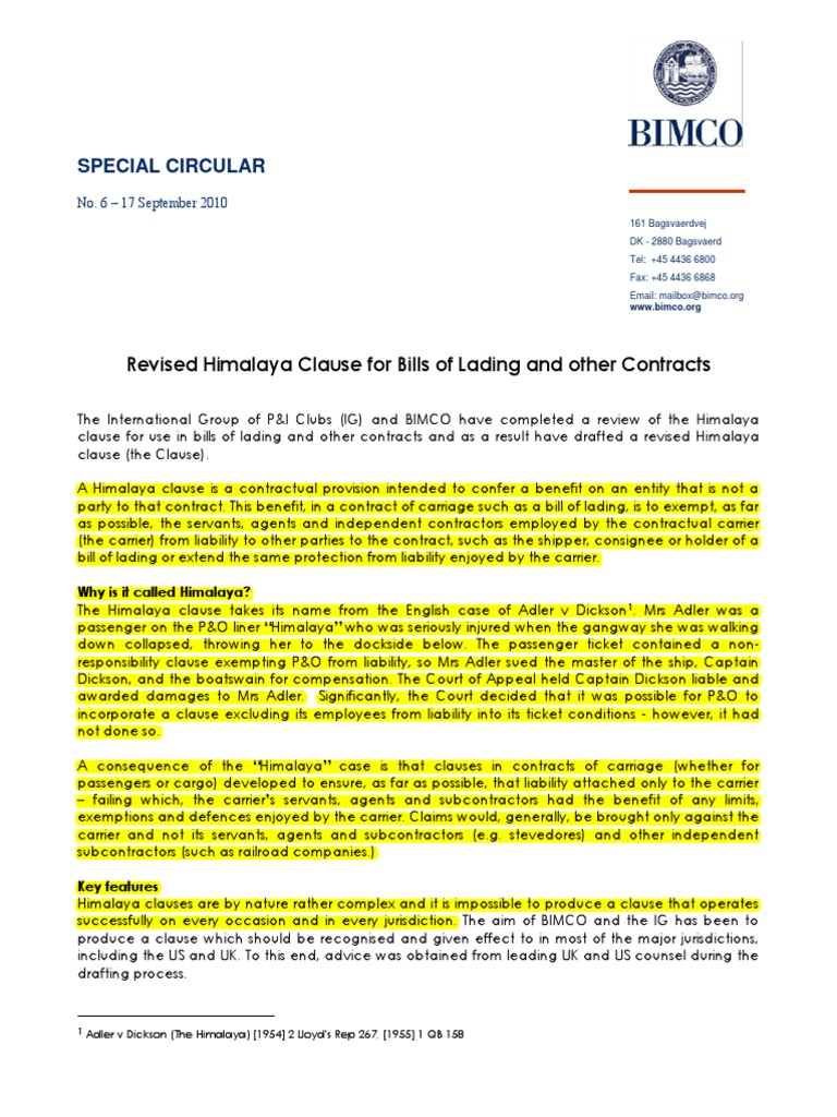 Special Circular Revised Himalaya Clause For Bills of Lading and Other