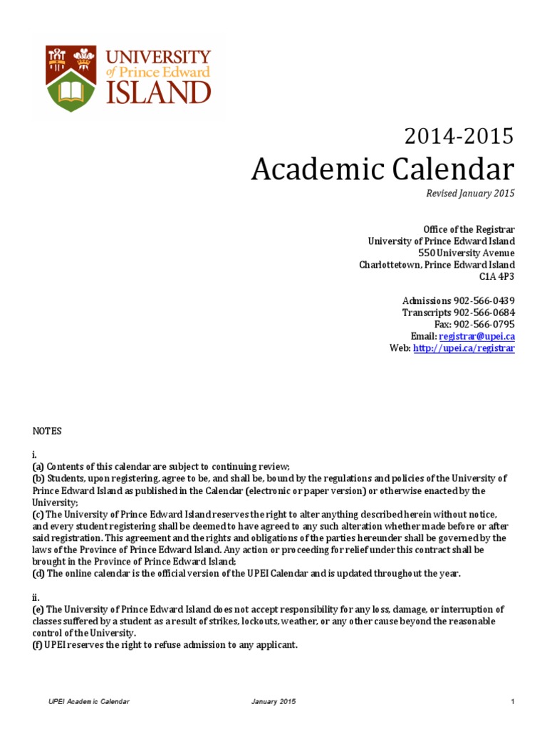 UPEI Calendar PDF Master's Degree Postgraduate Education