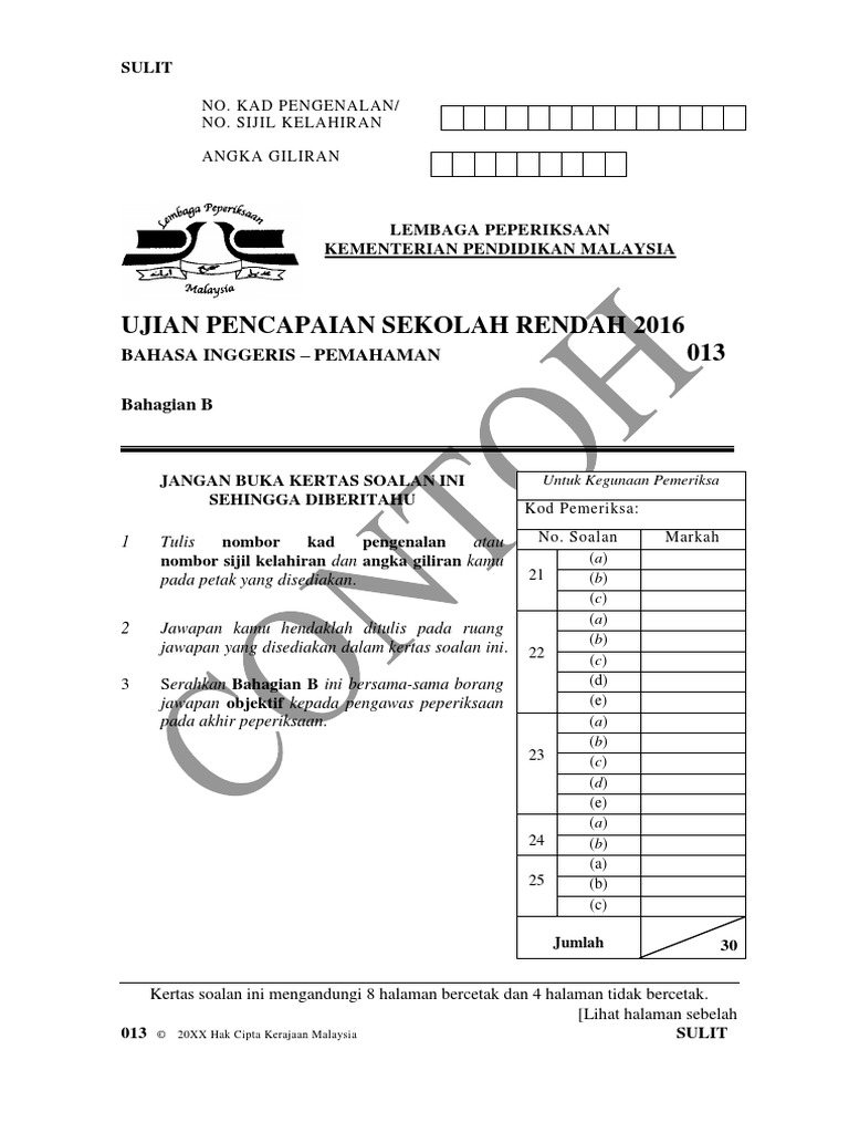 Instrumen Contoh Bahasa Inggeris Pemahaman B UPSR 2016 