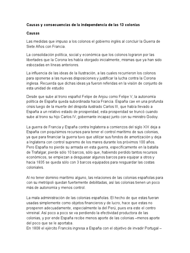 Causas y Consecuencias de La Independencia de Las 13 Colonias