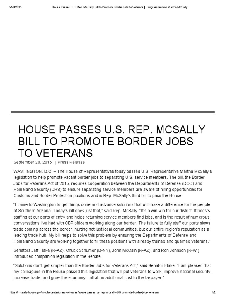 McSally News Release Border Jobs For Veterans PDF United States