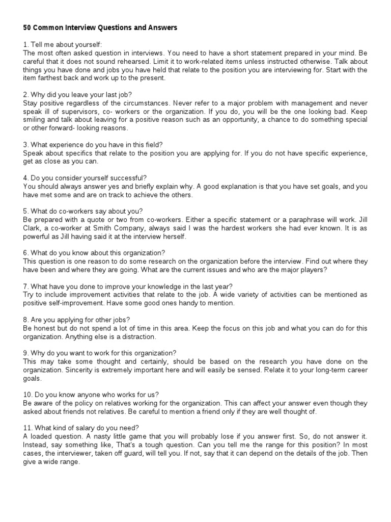 50 Common Interview Questions And Answers Question Cognition - 