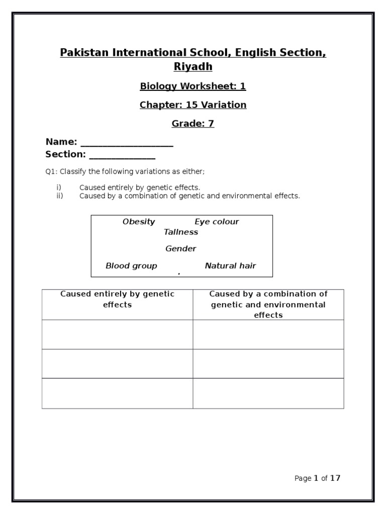 variation worksheet pdf nature