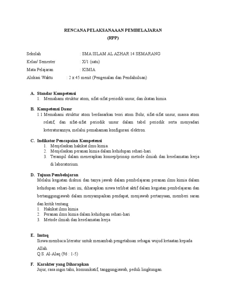Rpp Kimia 1 Hakikat Ilmu Kimia