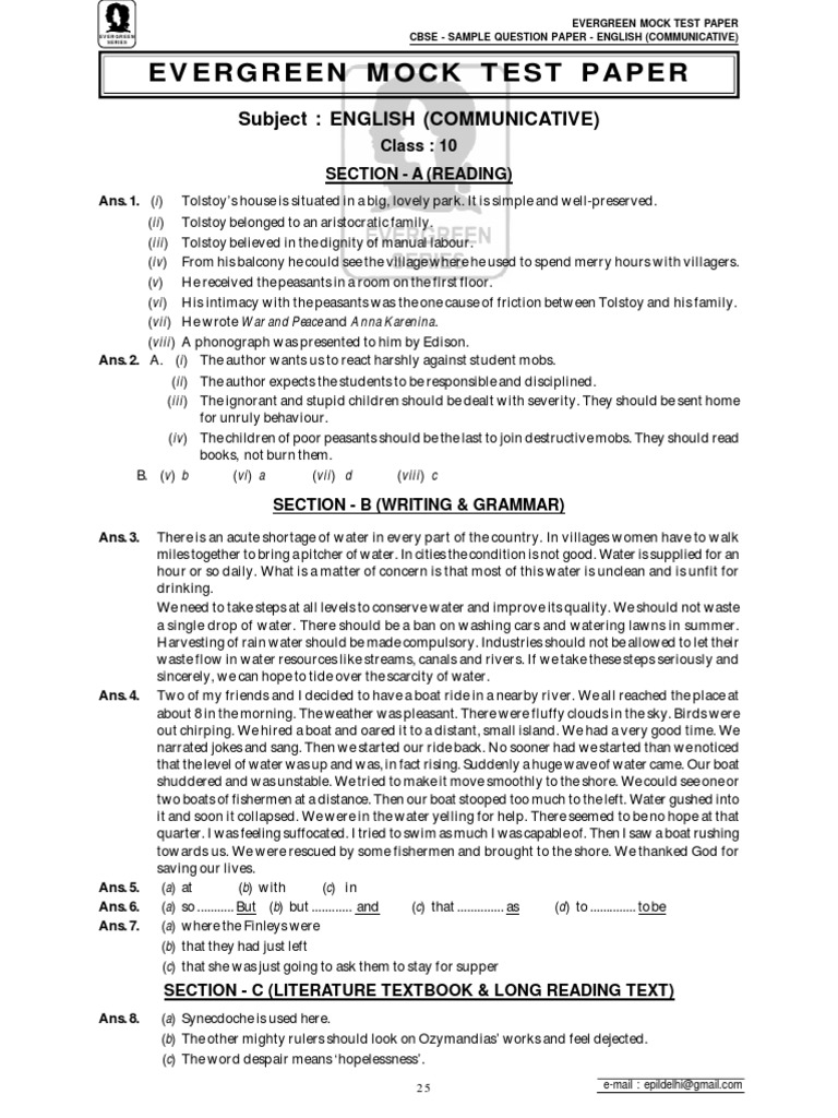 Class 10 English Mock Test Paper | PDF | Leo Tolstoy