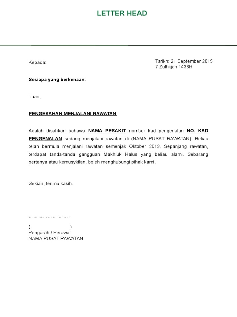 Contoh Surat Pengesahan Rawatan Hospital