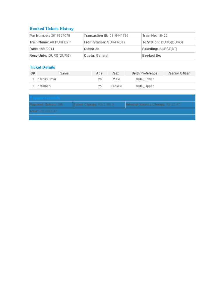 Train Ticket Booking Details | PDF