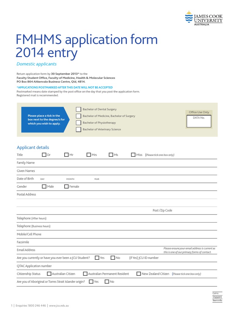 JCU Medicine Application Form Postgraduate Education Mail