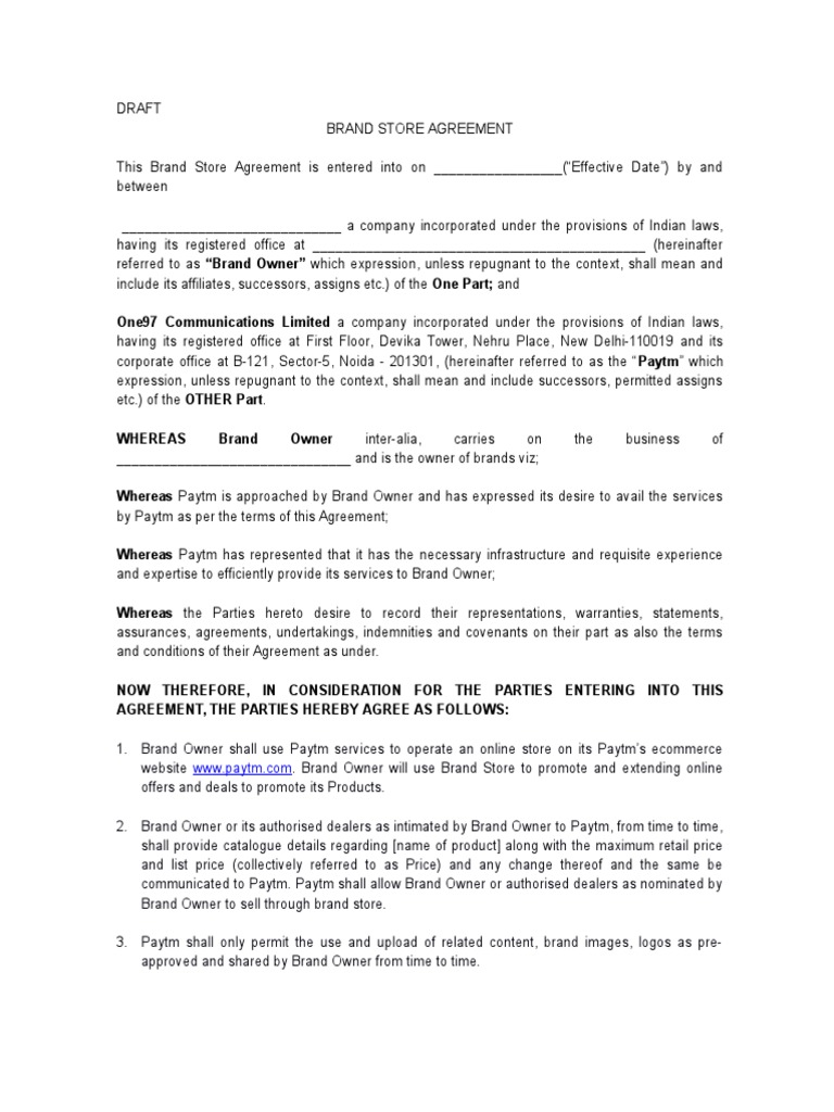 Brand Agreement format Indemnity Confidentiality