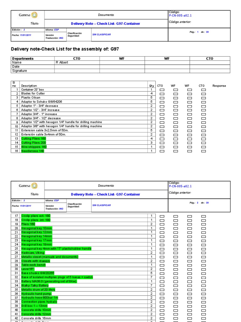 G97 Container Tool Delivery Checklist | PDF | Electrical Connector | Screw